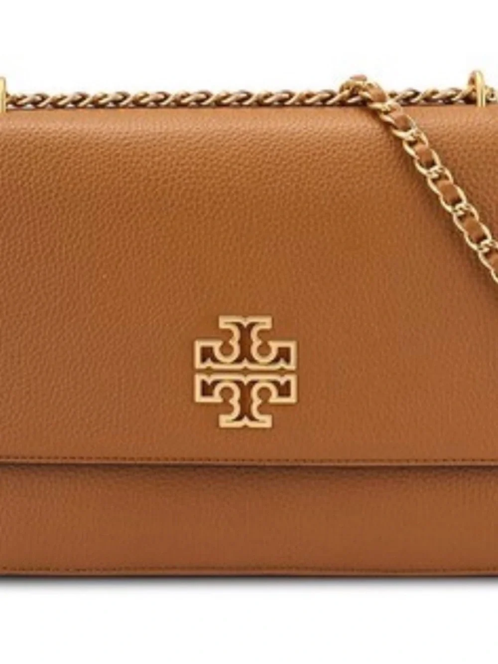 Tory Burch Tan Pebbled Leather Chain Crossbody with Gold Logo